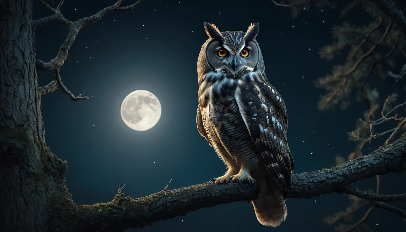 a detailed owl in the night, owl standing on the branch of a tree, night, a big moon centered, epic, masterpiece, best quality (cinematic, film grain:1.1), (macro photo:1.2), masterpiece, best quality, 8k