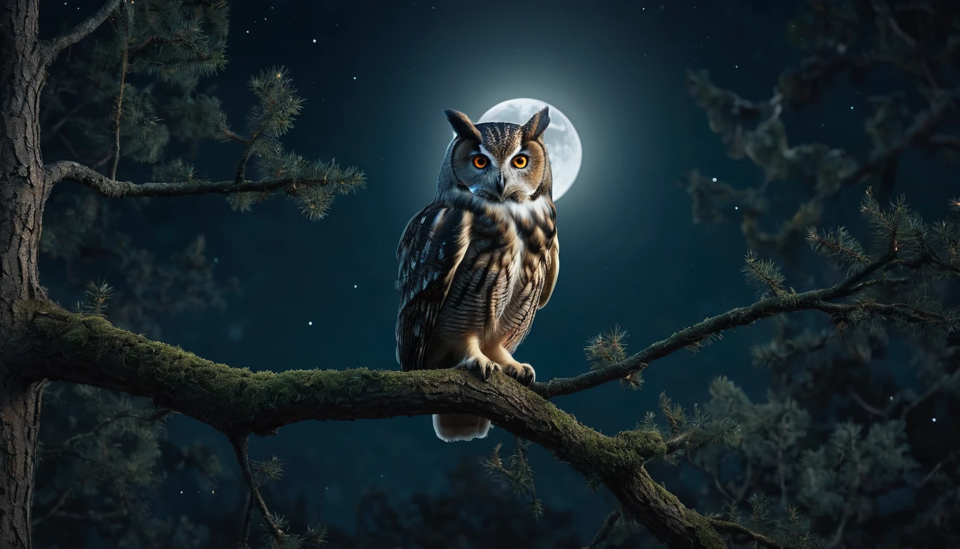 a detailed owl in the night, owl standing on the branch of a tree, night, a big moon centered, epic, masterpiece, best quality (cinematic, film grain:1.1), (macro photo:1.2), masterpiece, best quality, 8k