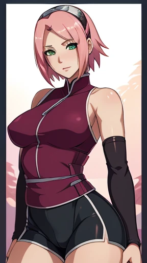 ((super high quality)), ((masterpiece)), Haruno Sakura, naruto, ((Pink Short Hair)), (Beautiful cute face), (Beautiful female lips), Charm, ((Sexy look)), Looking at the camera, Eyes slightly open, (Skin color is white), (Blue Skin), Body glow, ((Beautiful female eye in detail)), ((Green Eyes)), (Juicy female lips), (black eyeliner), (Beautiful female hands), ((The ideal woman)), Ideal female body, Beautiful waist, Gorgeous thighs, Beautiful small breasts, ((Delicate and beautiful)), Charmに立つ (Face close-up), (Sakura Haruno Costume, black tight shorts leggings, Konohagakure Ninja Outfit) background: Hidden Reef Village, Naruto Shippuden, ((Depth of written boundary)), ((High quality and clear images)), (Clear details), ((High detail)), Realistically, Professional photography session, ((Clear focus)), anime
