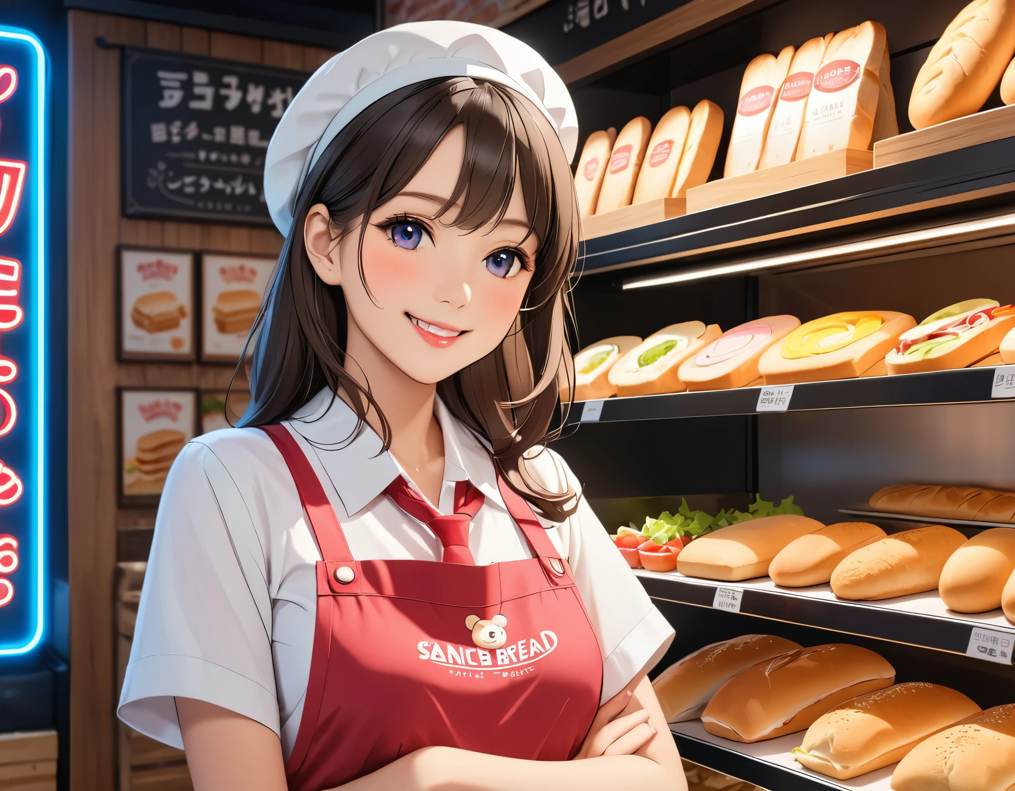 Bread店,A pretty girl,Female shop assistant,Happy smile,beautiful face,制作Sandwiches,_Give,A cute bear shop sign on the wall,小熊Bread,neon light,Bread,biscuit,Sandwiches,Salad,Bottled drinks,anime,Nice background,Depth of Field,CG unity,illustration,