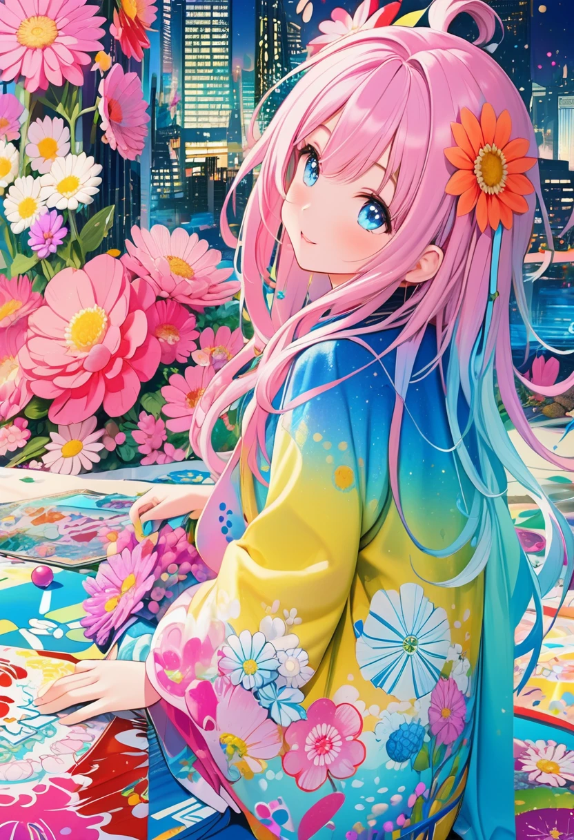 anime smiling girl with pink hair and blue eyes sitting on a rug, anime style 4 k, anime art wallpaper 4 k, anime art wallpaper 4k, anime art wallpaper 8 k, anime wallpaper 4k, anime wallpaper 4 k, beautiful anime girl, beautiful anime artwork, dreamy psychedelic anime, beautiful anime art, detailed digital anime art, anime style. 8k