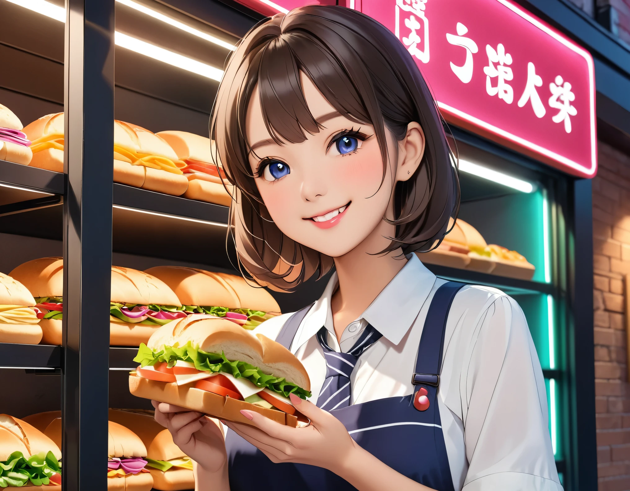 Bread店,A pretty girl,Female shop assistant,Happy smile,beautiful face,制作Sandwiches,_Give,A cute bear shop sign on the wall,小熊Bread,neon light,Bread,biscuit,Sandwiches,Salad,Bottled drinks,anime,Nice background,Depth of Field,CG unity,illustration,