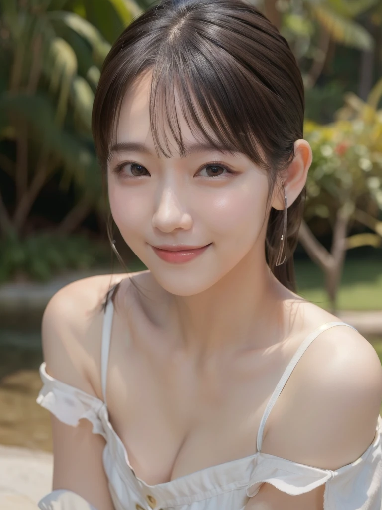 best quality, masterpiece, ultra high res, photorealistic, 1girl, offshoulder, smile