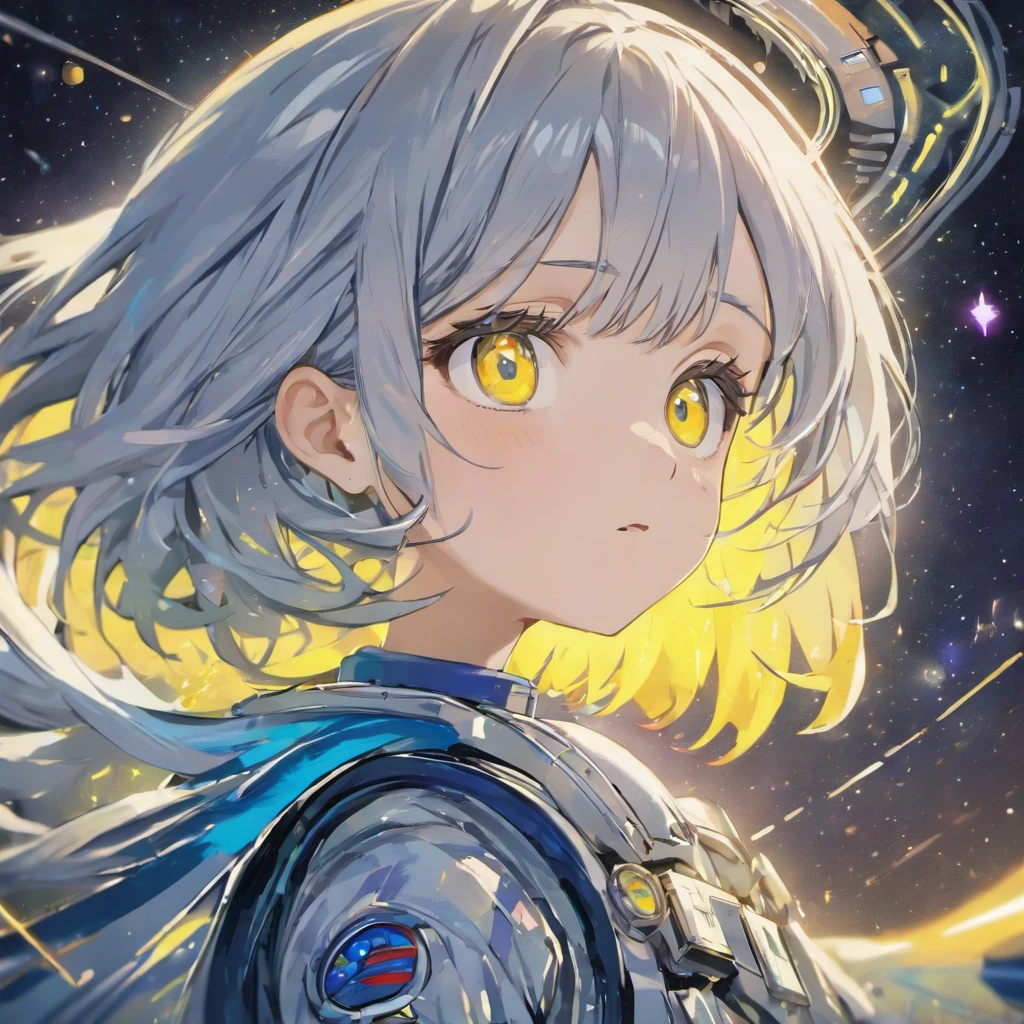 (A better quality masterpiece in close-up:1.5)0.9], (space and astronaut:1.2) (messy silver hair:1.1) (yellow eyes with heterochromia and blue eyes:1.2) (space helmet:1.0) (colored stars in the eyes:1.0) (radiant light:1.1) (big lips:0.9)