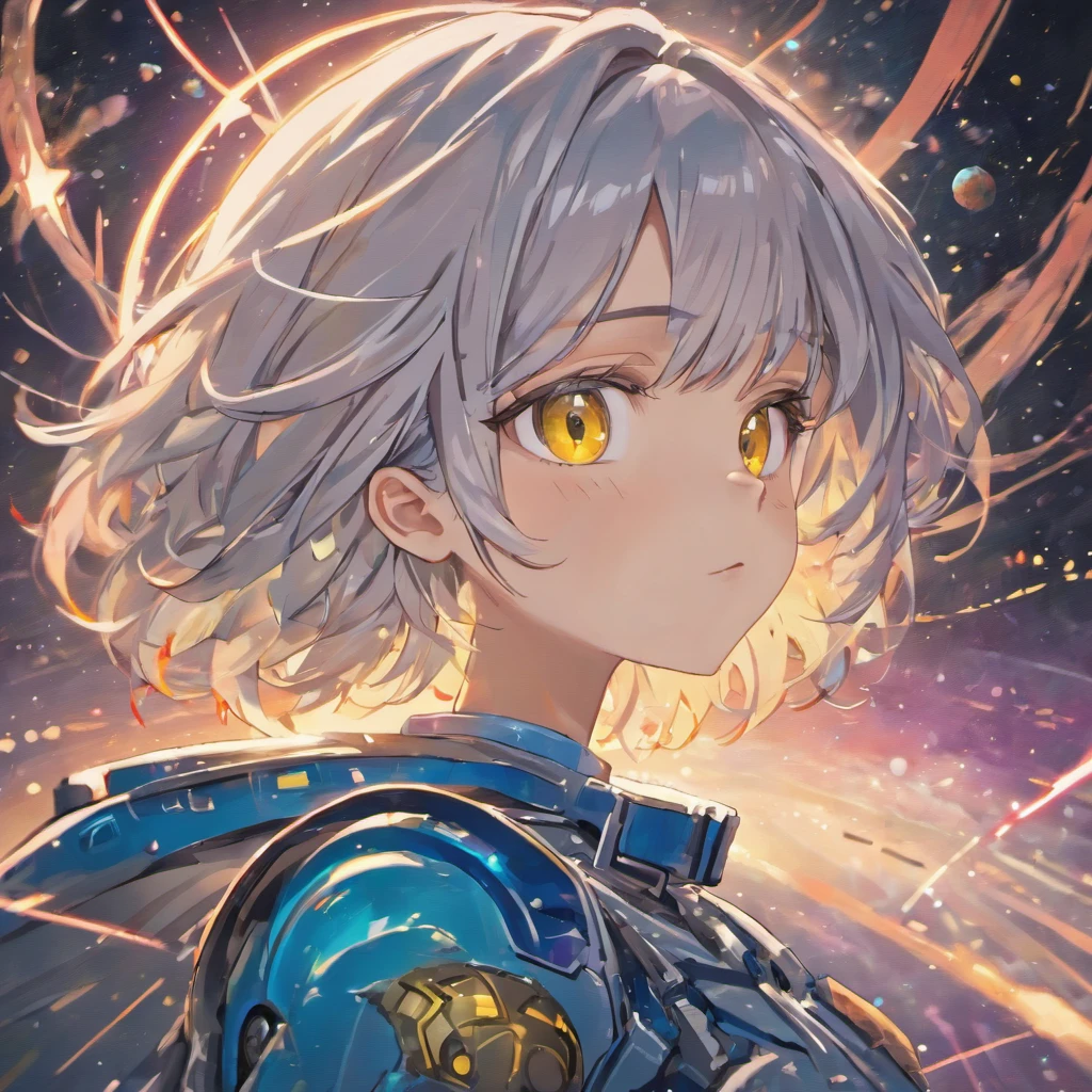 (A better quality masterpiece in close-up:1.5)0.9], (space and astronaut:1.2) (messy silver hair:1.1) (yellow eyes with heterochromia and blue eyes:1.2) (space helmet:1.0) (colored stars in the eyes:1.0) (radiant light:1.1) (big lips:0.9)