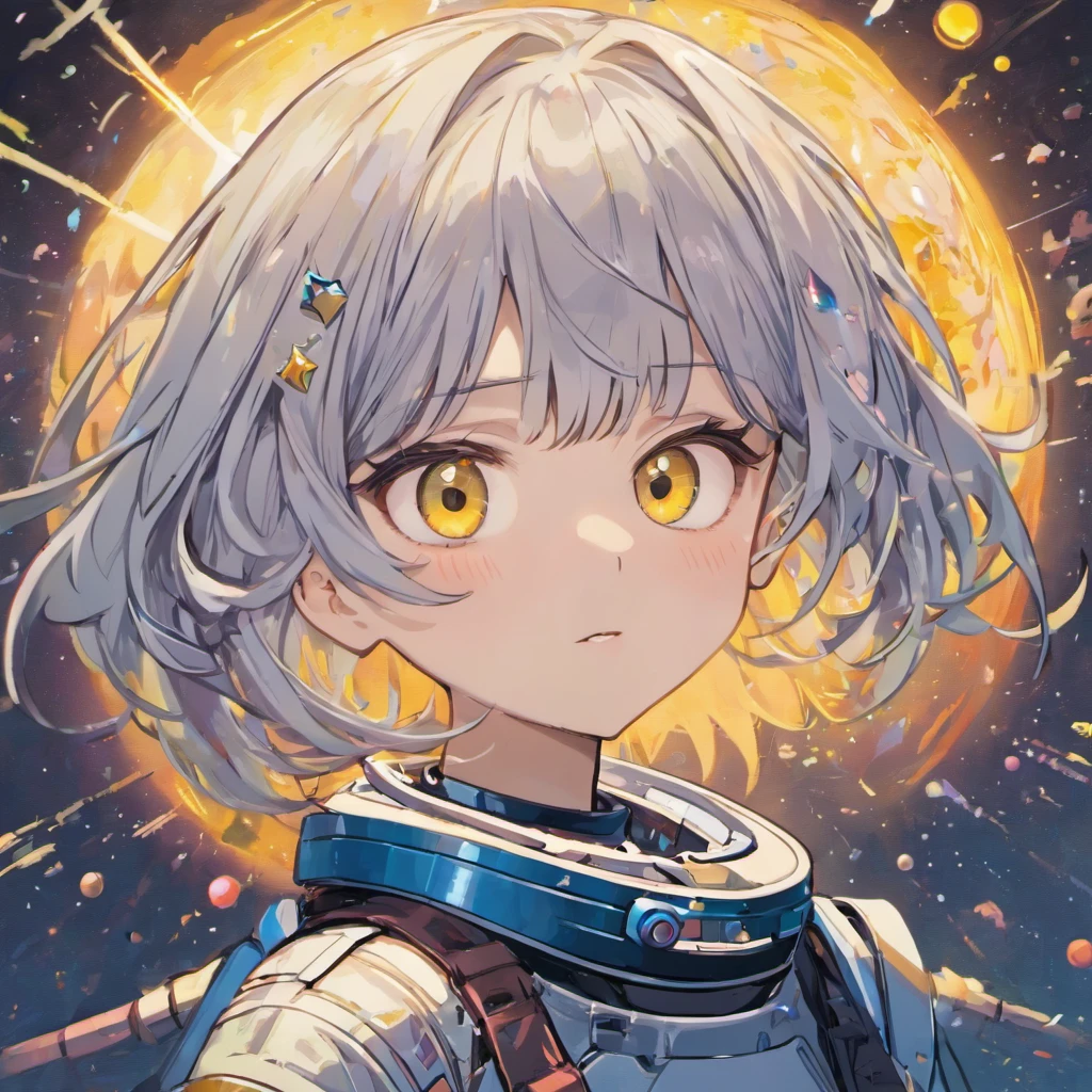 (A better quality masterpiece in close-up:1.5)0.9], (space and astronaut:1.2) (messy silver hair:1.1) (yellow eyes with heterochromia and blue eyes:1.2) (space helmet:1.0) (colored stars in the eyes:1.0) (radiant light:1.1) (big lips:0.9)
