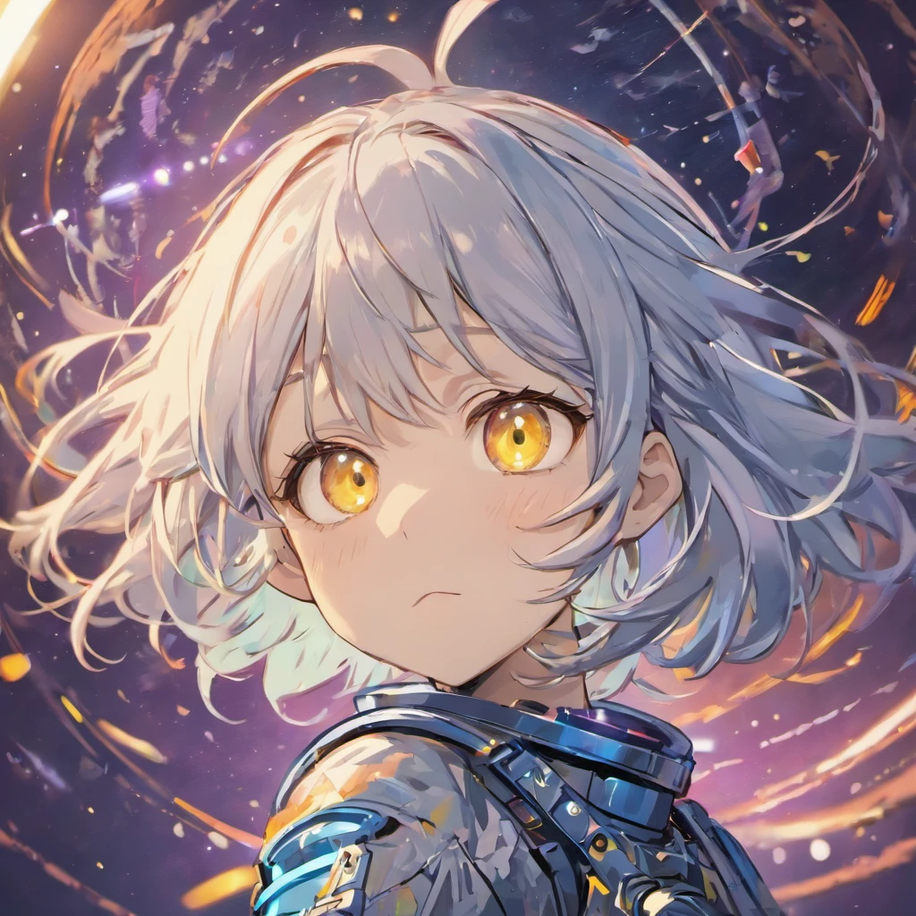 (A better quality masterpiece in close-up:1.5)0.9], (space and astronaut:1.2) (messy silver hair:1.1) (yellow eyes with heterochromia and blue eyes:1.2) (space helmet:1.0) (colored stars in the eyes:1.0) (radiant light:1.1) (big lips:0.9)