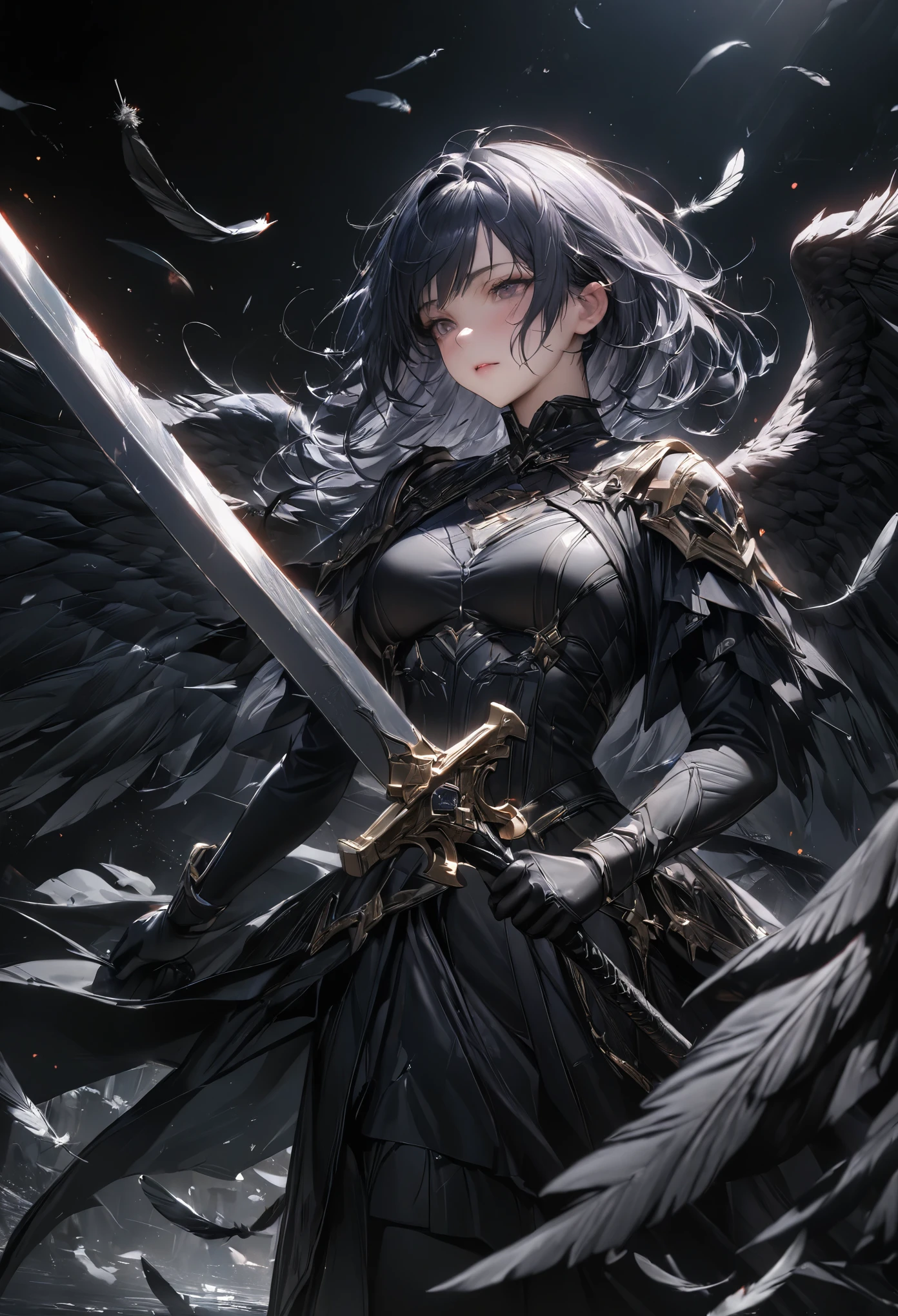 Black angels、fallen Angel、Dark Angel、Fluttering in the wind、Have a big sword、(((masterpiece)), (highest quality), (Ultra-high resolution), (best quality), (ultra detail), depth、Realistic portrayal、SLR、Portrait、Cowboy Shot、A world of black background、Black wings、Black feathers flutter
