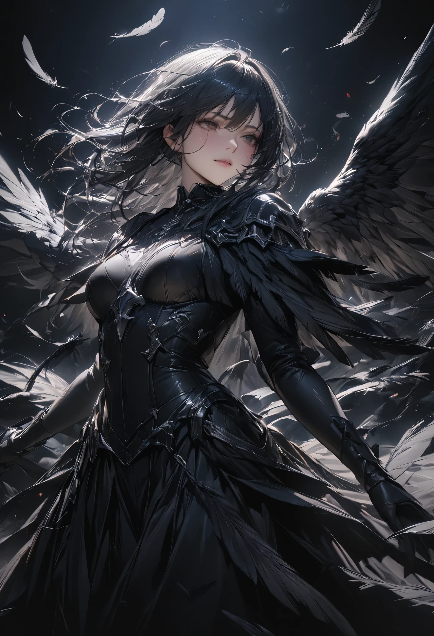 Black angels、fallen Angel、Dark Angel、Fluttering in the wind、Have a big sword、(((masterpiece)), (highest quality), (Ultra-high resolution), (best quality), (ultra detail), depth、Realistic portrayal、SLR、Portrait、Cowboy Shot、A world of black background、Black wings、Black feathers flutter