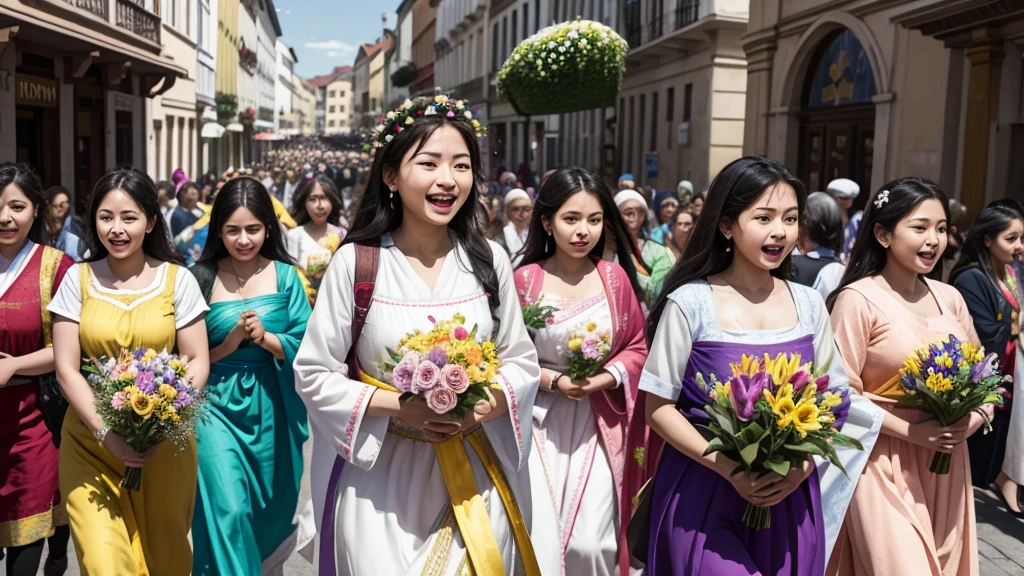 "A vibrant Easter procession winding through a historic city center, adorned with colorful banners and floral arrangements. Participants, dressed in traditional attire, carry symbols of resurrection such as crosses and lilies. Joyful hymns fill the air, echoing the celebration of Easter as the resurrection of Christ. The scene symbolizes the vibrant faith and communal joy inspired by the belief in eternal life and resurrection."