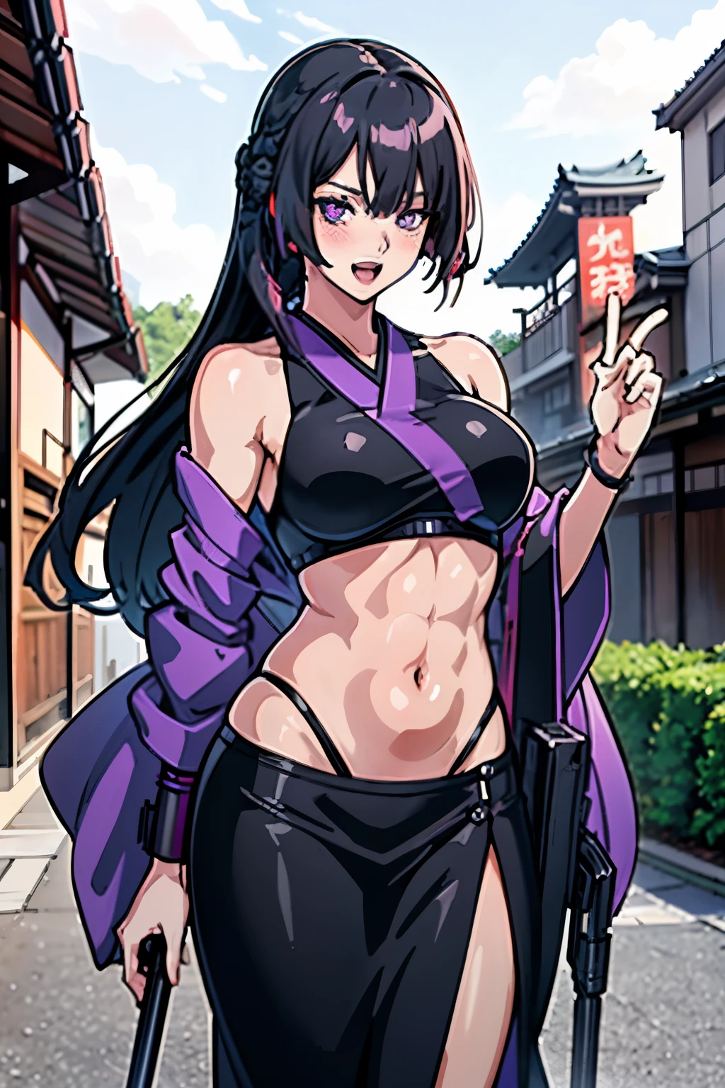 ak15, holding gun, assault rifle, glowing purple eyes, long hair, black hair, blush, lipstick,, masterpiece, best quality, highly detailed, a anime girls in kimono dress with a sword posing for a picture, bare shoulder,open kimono, evil smile, open mouth, crop top , (nsfw) not safe for work, smile, ecchi anime style, anime girls, ecchi style, ecchi, digital anime art!!, in anime style, official artwork, visual novel cg, beautiful anime girl, anime style 4 k, kimono pencil skirt, exposed belly, exposed navel, exposed midriff, exposed lower belly, outdoor, japanese architecture, temple