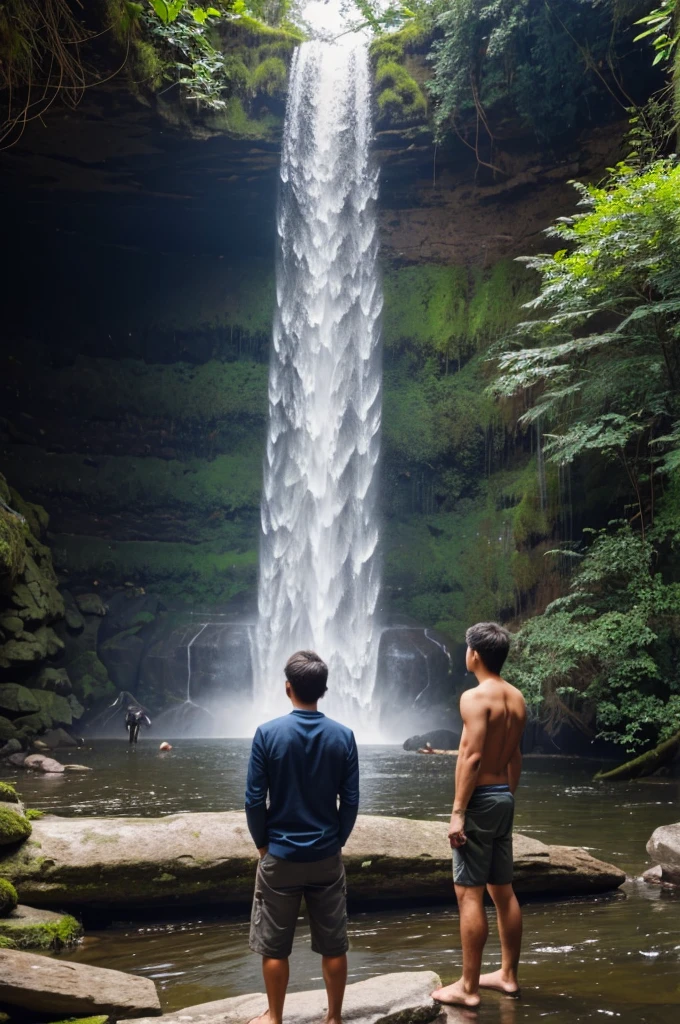 a guy stands and admires the waterfall; animals tremble around him