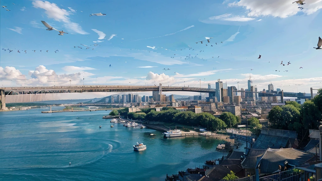 A peaceful cityscape with bright blue skies, birds flying in the sky, and normal people's activities.
