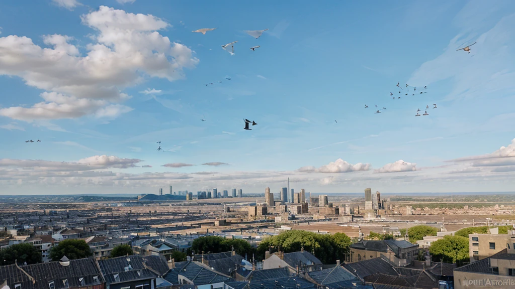 A peaceful cityscape with bright blue skies, birds flying in the sky, and normal people's activities.