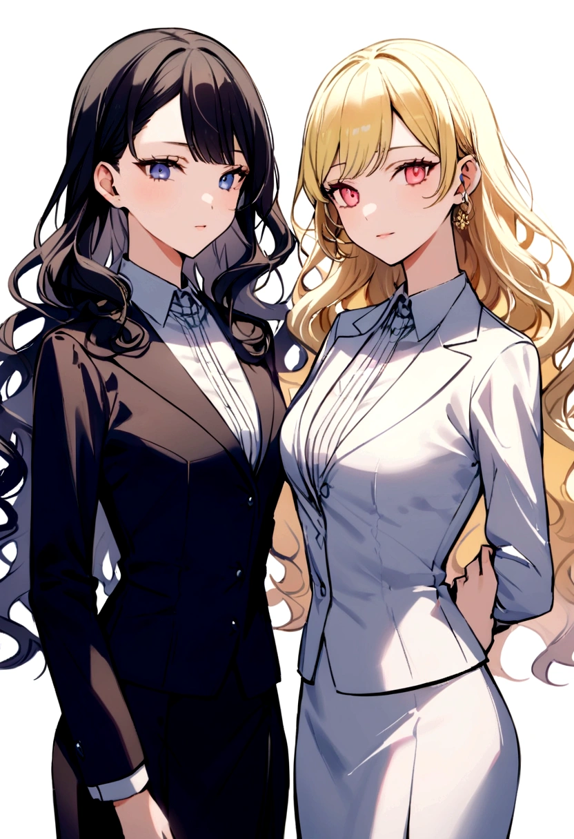 Two women next to each other, a blonde with long, wavy hair, another with light skin and long, straight black hair, both in formal businesswoman clothes
