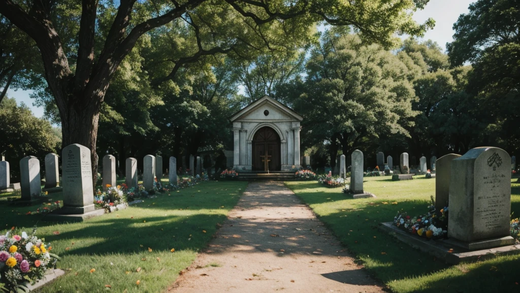  "A serene churchyard where a funeral service takes place under a canopy of ancient trees. Mourners gather around a gravesite adorned with flowers and symbols of faith, reflecting on the deceased's life and the hope of eternal life. A gentle breeze rustles the leaves, symbolizing the peaceful transition to the afterlife and the comfort provided by Christian rituals that emphasize resurrection and eternal hope."