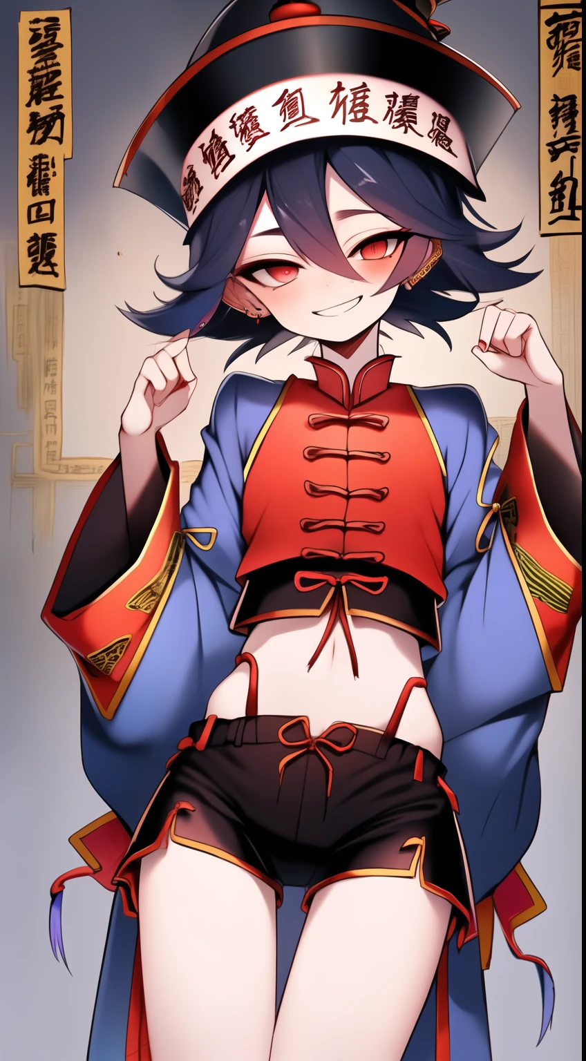 Best quality, Super detailed illustration, Warm colors, perfect lighting, (Jiangshi boy:1.6), (blue skin:2,6) , long shaggy unkempt hair ,Jiangshi clothing, long sleeves, black short shorts, open tummy ,open legs, tight clothing, Guangli hat ,smug smile, happy , a femboy, small waist, wide hips, slim, Perfect body, tricky glance, Scarlet eyes, black and lilac color of clothes