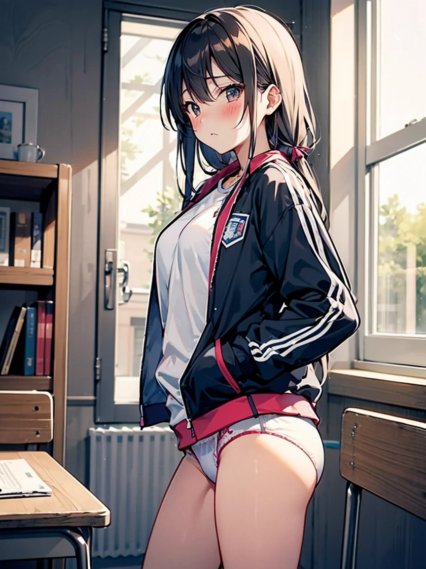 体育倉庫室で青い長袖tracksuit in schoolを脱ぐExpose狂の女, blush, ((Expose, shame, , underwear, transformation))