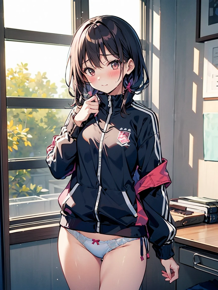 体育倉庫室で青い長袖tracksuit in schoolを脱ぐExpose狂の女, blush, ((Expose, shame, , underwear, transformation))
