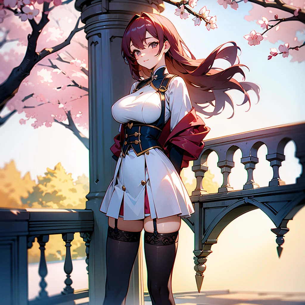 Cute girl on a bridge with a cherry tree for the background in spring, thigh highs, large breasts, cute, masterpiece, high quality, good lighting