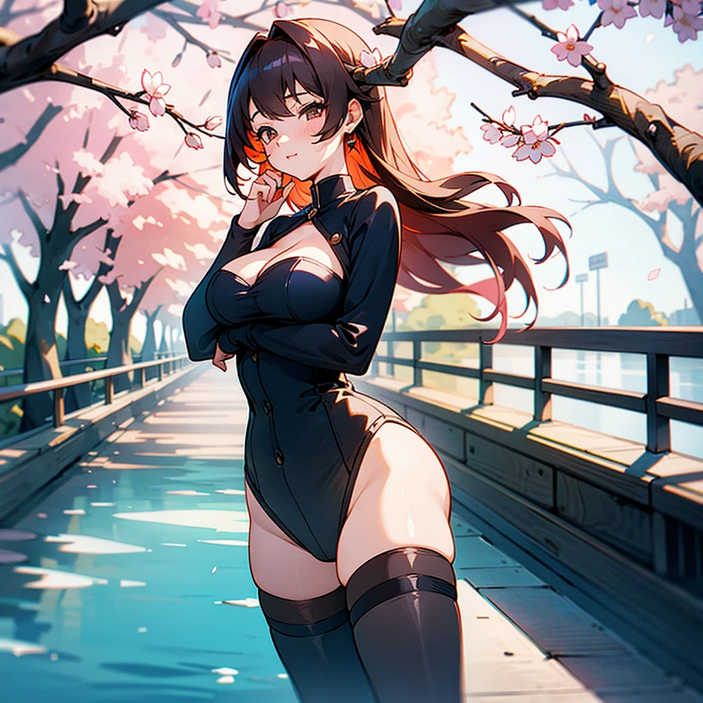 Cute girl on a bridge with a cherry tree for the background in spring, thigh highs, large breasts, cute, masterpiece, high quality, good lighting