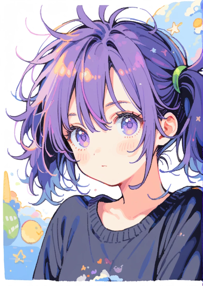 1girl, (messy hair, purple hair, spiked hair, short  upside high twintails:1.2), ジト目、リトルガール、tegaki