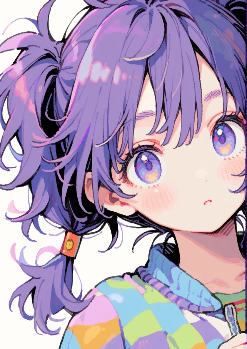 1girl, (messy hair, purple hair, spiked hair, short upside high twintails:1.2), ジト目、リトルガール、tegaki
