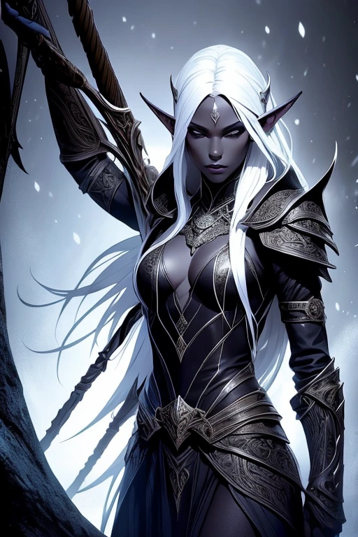 A beautiful dark elf woman, drow, with dark grey skin and long white hair, intricate detailed facial features, porcelain skin, striking eyes, full lips, slender figure, ranger clothes, bow and arrows, dramatic lighting, dramatic fantasy scene, dark moody atmosphere, detailed textures, highly detailed, 8k, cinematic, award-winning artwork, digital painting, concept art, photorealistic, full body shot 