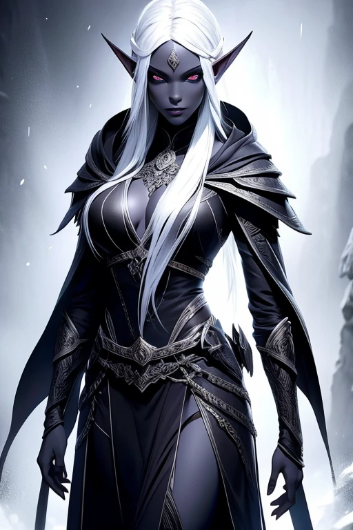 A beautiful dark elf woman, drow, with dark grey skin and long white hair, intricate detailed facial features, porcelain skin, striking eyes, full lips, slender figure, ranger clothes, bow and arrows, dramatic lighting, dramatic fantasy scene, dark moody atmosphere, detailed textures, highly detailed, 8k, cinematic, award-winning artwork, digital painting, concept art, photorealistic, full body shot 