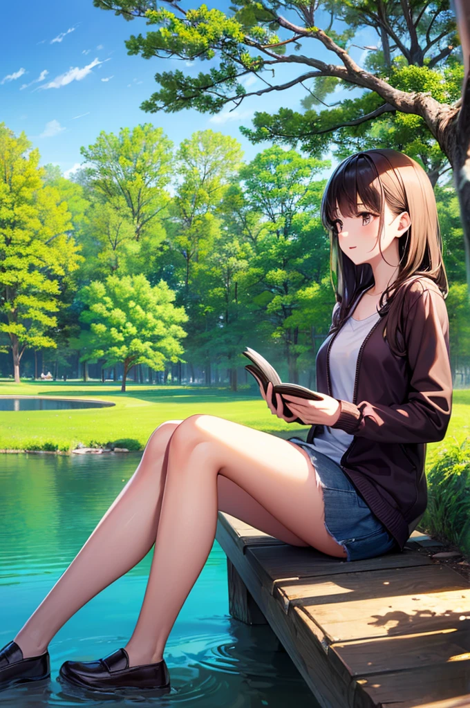 Girl reading a book by the lake, Bright colors, spring, Willow Branch, comfortable, Warm sunshine