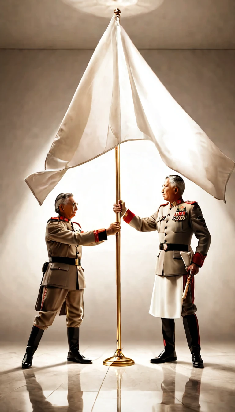 Opposing generals meeting under the white flag to negotiate peace, holding a white flag, hyper realistic, ultra detailed hyper realistic, photorealistic, Studio Lighting, reflections, dynamic pose, Cinematic, Color Grading, Photography, Shot on 50mm lens, Ultra-Wide Angle, Depth of Field, hyper-detailed, beautifully color, 8k, golden light from the front,