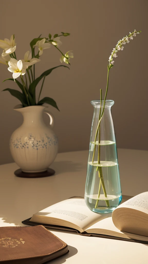 book，Scholarly，peaceful，Art，HD，Literature and Art，artistic conception，Clean desktop，vase，Light background