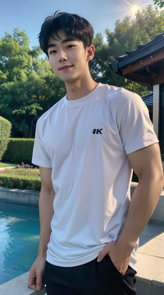 (As a matter of fact, Masterpiece, 8k HD, good light quality, sportswear, fit the face, complicated details), Handsome Korean young man, 20 years old, be happy, smile brightly, detailed face, delicate eyes, มองดูsky, Wear casual clothes, period, black eyes, Black hair color, ผมsmooth, smooth, outdoor sports, Along the garden, Sunny,sky,Surreal,Awesome details,Highest quality,real,