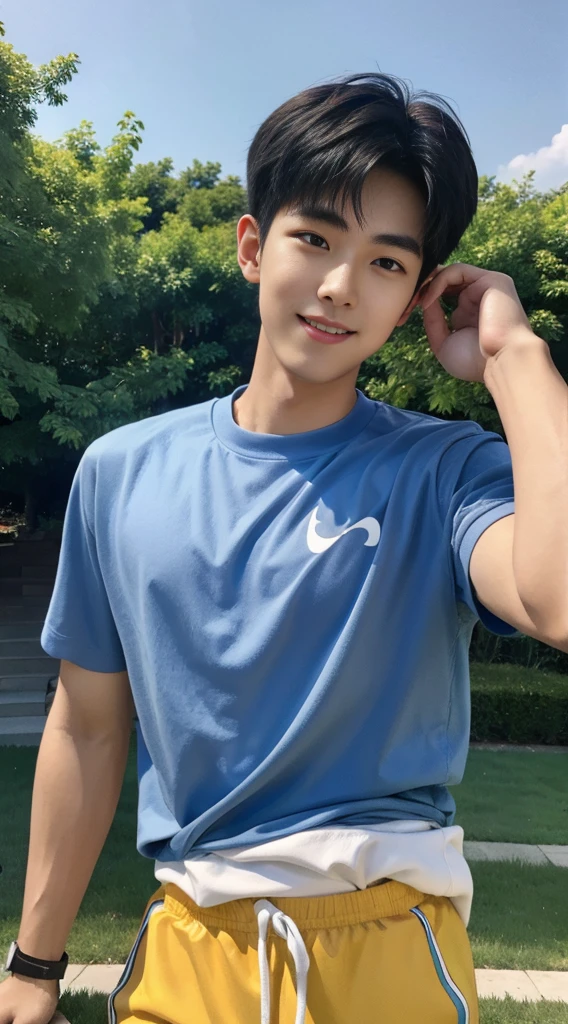 (As a matter of fact, Masterpiece, 8k HD, good light quality, sportswear, fit the face, complicated details), Handsome Korean young man, 20 years old, be happy, smile brightly, detailed face, delicate eyes, มองดูsky, Wear casual clothes, period, black eyes, Black hair color, ผมsmooth, smooth, outdoor sports, Along the garden, Sunny,sky,Surreal,Awesome details,Highest quality,real,