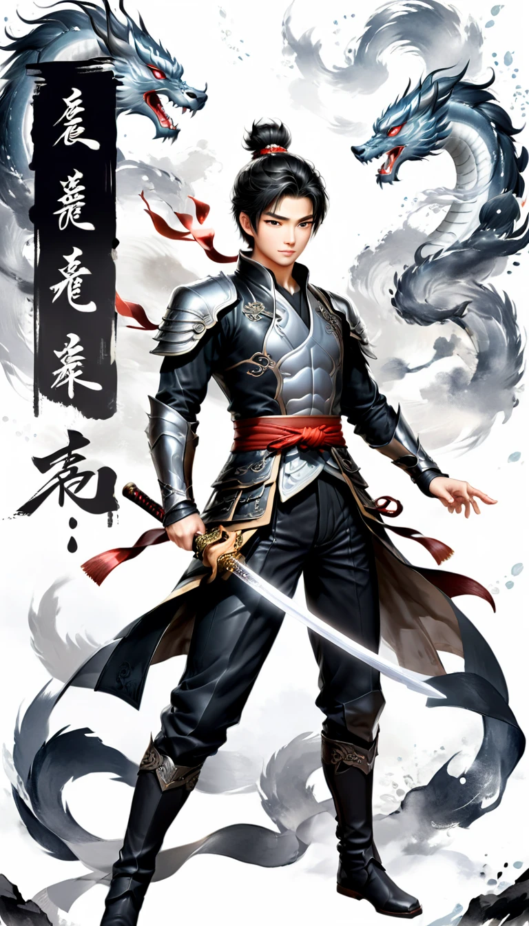 A beautiful oriental boy presented in real-life animation style,Handsome black and gray short hair with highlights,Wear black single-sided armor,Translucent shirt and leather jacket,The chest is naturally open and the body is strong,straight suit pants,sash,long leather boots,The right hand holds the Guan Gong Qinglong Yanyue Sword,Blade down,Holding an ancient book in the left hand,Standing and reading a book,The image of loyalty, bravery and benevolence,Background is white,It has Japanese air feel and dynamic blur effect,Watercolor and splash ink rendering,Chaos Rendering,Simple and classic Zen,Ethereal and elegant style