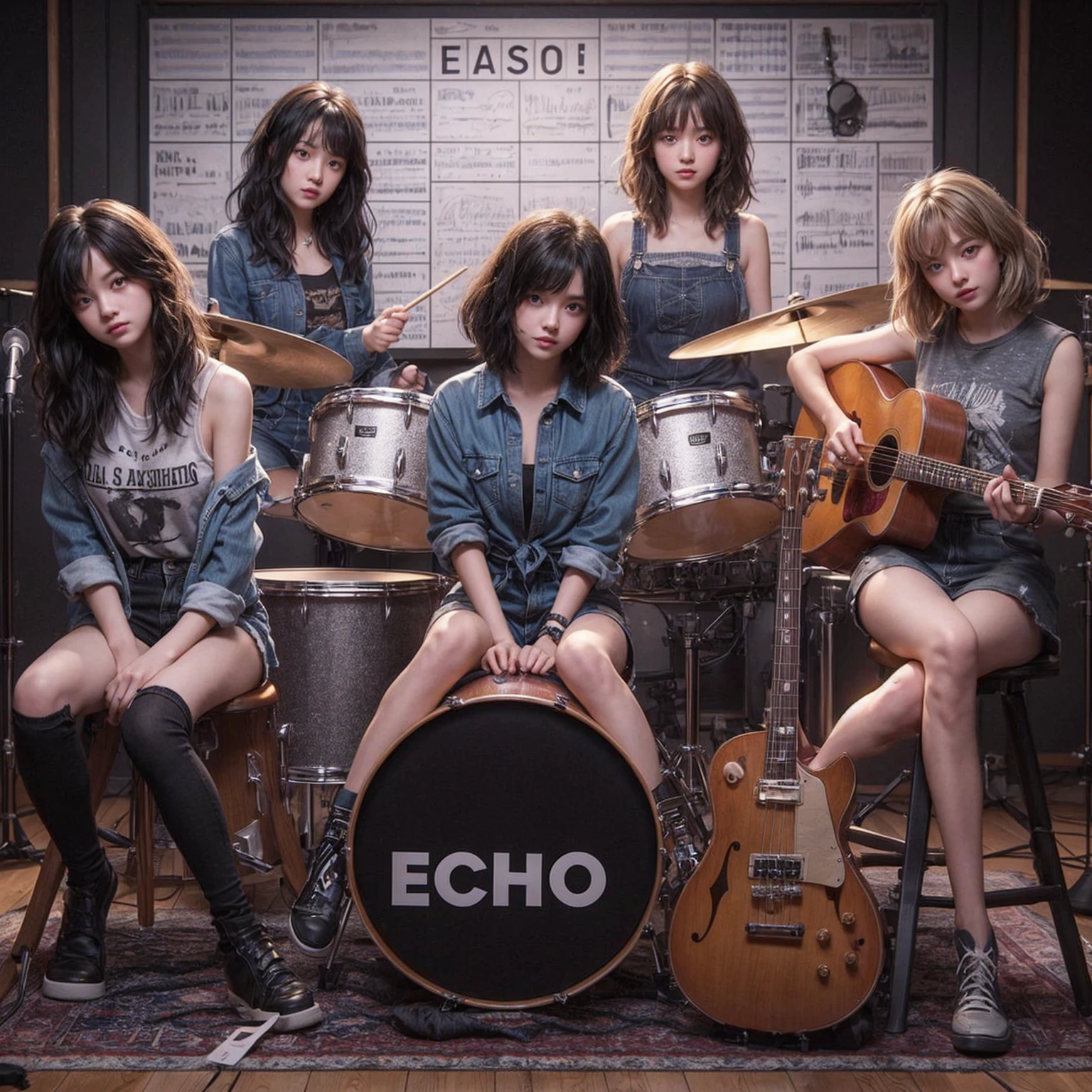 **Photo of 5 beautiful girls, aged 18 to 20, sitting:**
- **3 girls with messy black hair**
- **1 girl with wavy bob black hair**
- **1 girl with a black ponytail**
One girl is playing the drums, one girl is playing the piano, one girl is playing the bass guitar, one girl is playing the guitar, and one girl is singing. They are sitting behind a board with the word "ECHO" written on it. The background is a music studio, complete with drums, guitars, bass guitar, and piano. The image is ultra HD, 4k, photorealistic, raw, and a masterpiece.