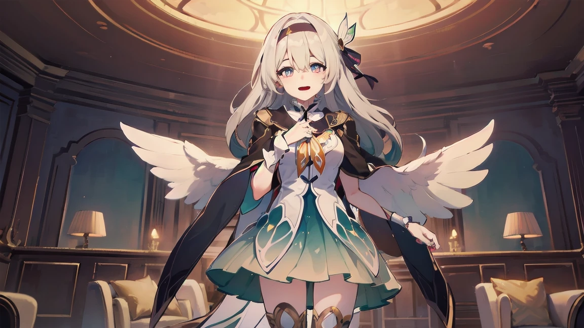 score_9, score_8_up, score_7_up, 1girl, firefly \(honkai: star rail\), solo, black thighhighs, hairband, gradient skirt, hair ornament, blouse, frilled collar, cropped jacket, yellow neckerchief, standing, gasping, smile, ecstasy, finger to mouth, arm behind back, living room :0.6>
