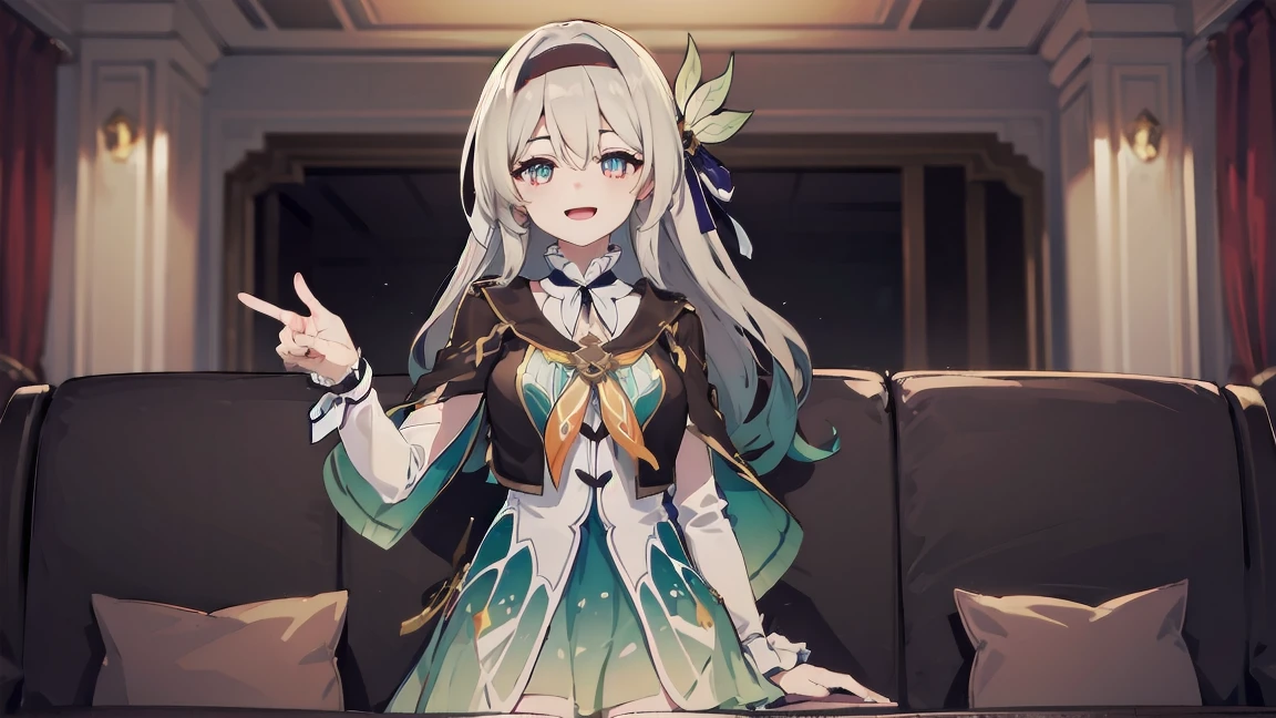 score_9, score_8_up, score_7_up, 1girl, firefly \(honkai: star rail\), solo, black thighhighs, hairband, gradient skirt, hair ornament, blouse, frilled collar, cropped jacket, yellow neckerchief, standing, gasping, smile, ecstasy, finger to mouth, arm behind back, living room :0.6> 