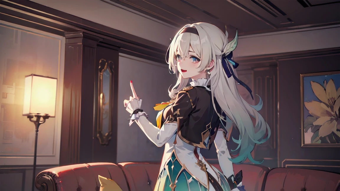 score_9, score_8_up, score_7_up, 1girl, firefly \(honkai: star rail\), solo, black thighhighs, hairband, gradient skirt, hair ornament, blouse, frilled collar, cropped jacket, yellow neckerchief, standing, gasping, smile, ecstasy, finger to mouth, arm behind back, living room :0.6>
