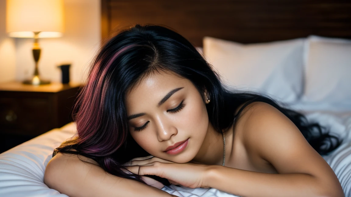 arafed woman with pink hair ((lying in a bed)), flowing black hair, with black hair with deep blue high lights, photo of a beautiful woman, long flowing black hair, black golden hour, curly black hair, beautiful young asian woman, beautiful asian woman, wild ginger hair, pink wispy hair, light pink hair, a young asian woman, an asian woman, infp young woman, (straight half of the torso: 1.4), Portrait photo of a 24-year-old french girl in RAW UHD format (Brown-eyed woman), Sleeping in a bed, cosy night, Details (textures! , Hair! , glistering, Color!! , imperfections: 1.1), closed eyes , DSLR Lighting, SLR camera, Ultra-Quality, sharpness, Depth of field, Film grain , Fujifilm XT3, Crystal clear, Frame Center, beatiful face, sharp-focus, night lamp, low lighting, bokeh (dimly lit), night time, detailed skin pores, oilly skin, suntan, Complex eye details, closed eyes, sleeping