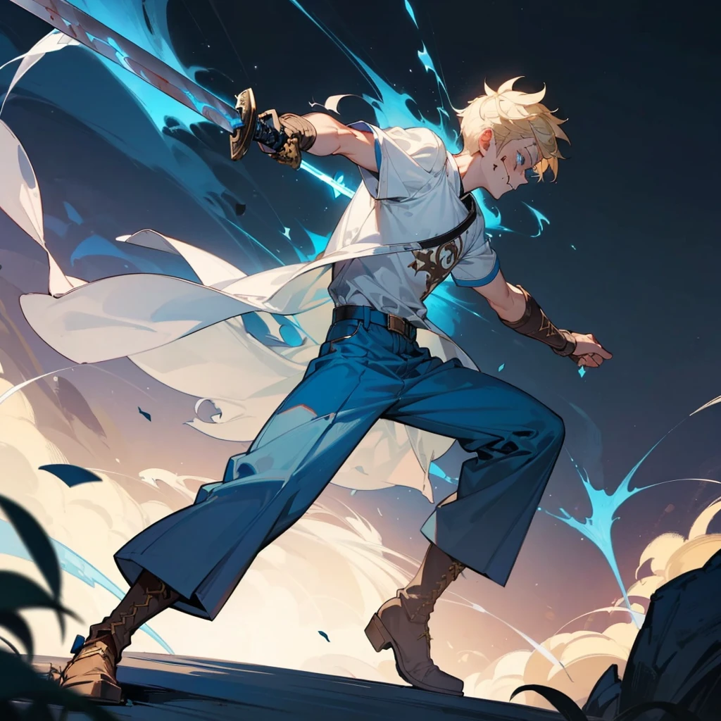 1character, Full body version, Viking boys, 1boys, albino skins, blue eyes, faux hawk hair, blonde colour hair, blue short sleeve shirt, blue trousers, boots, His clothes were full of blood, his face was flowing with blood, his hands were bleeding, he had wounds, his face was bleeding, his body was bleeding, ((long sword in hand, in a fighting pose, the long sword emits blue light, lightning flashes in the blade)), Grassroots, full background in a wide field, gusts of wind, the silhouette of moonlight, the moon, at night, the stars in the night sky