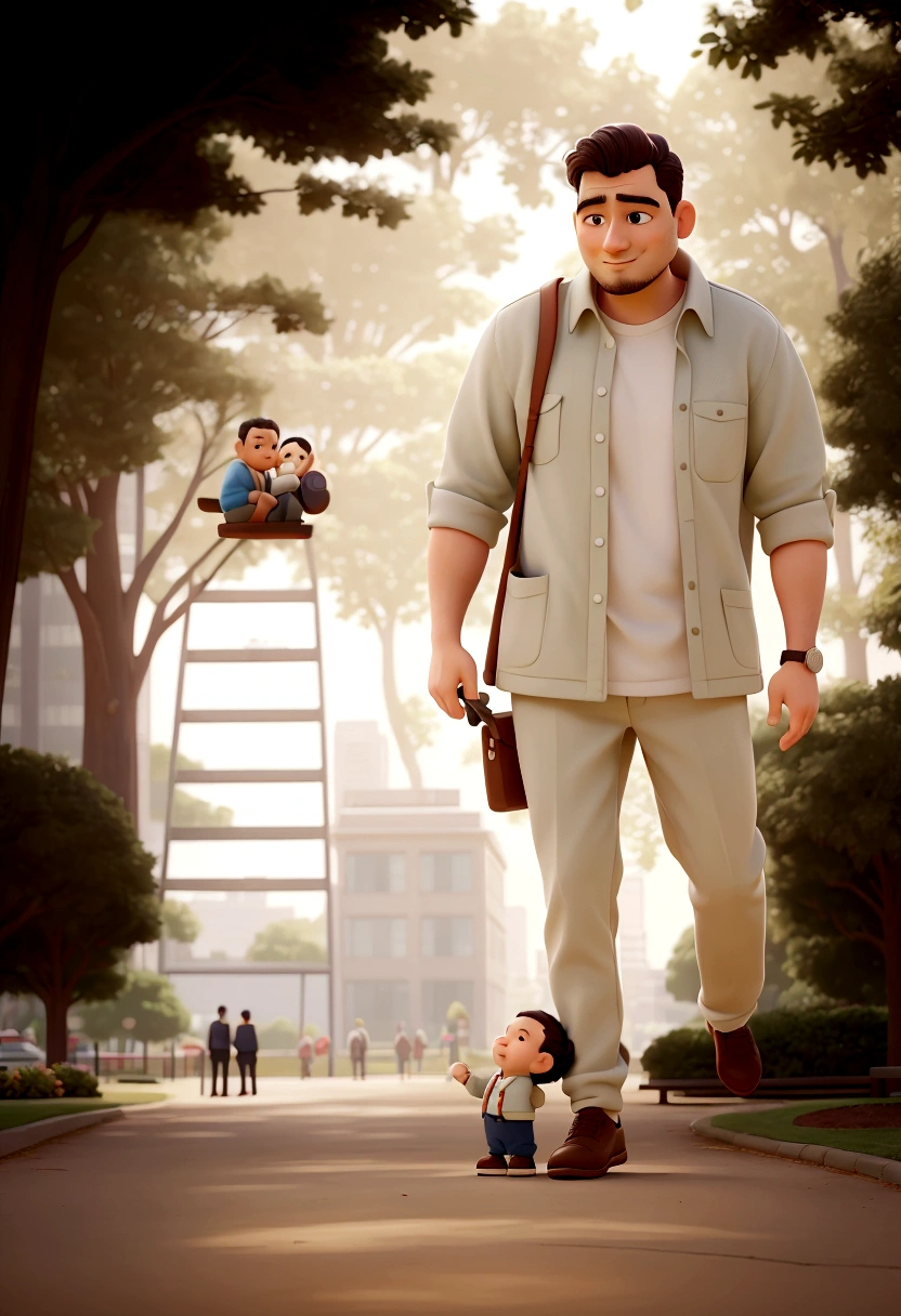 worked man holding one on his shoulders in a park, Baba with, caring Babaly wide forehead, in park, Baba, with a , paBaba/Babaly, Portrait photo, mixed art, publicity photo, On a sunny day, handsome man, bright sunny day, to celebrate, in park on a beautiful day