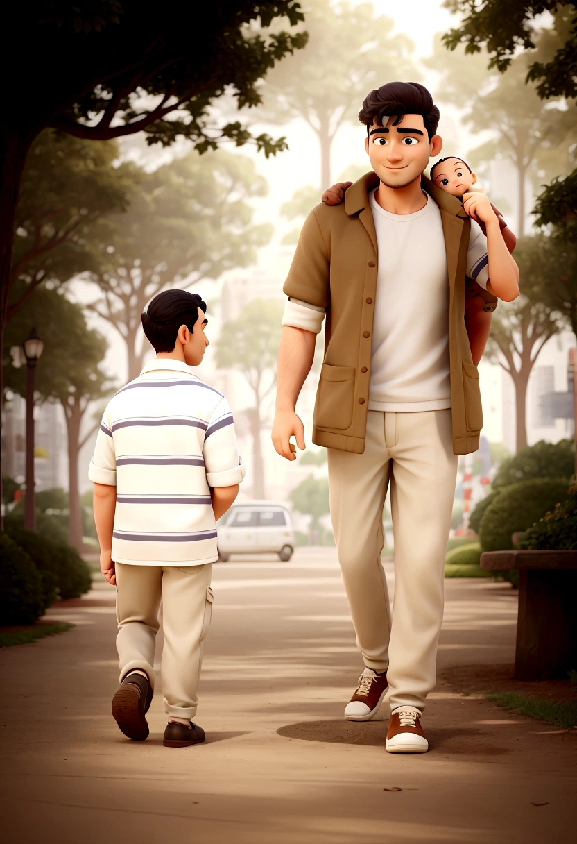 worked man holding one on his shoulders in a park, Baba with, caring Babaly wide forehead, in park, Baba, with a , paBaba/Babaly, Portrait photo, mixed art, publicity photo, On a sunny day, handsome man, bright sunny day, to celebrate, in park on a beautiful day