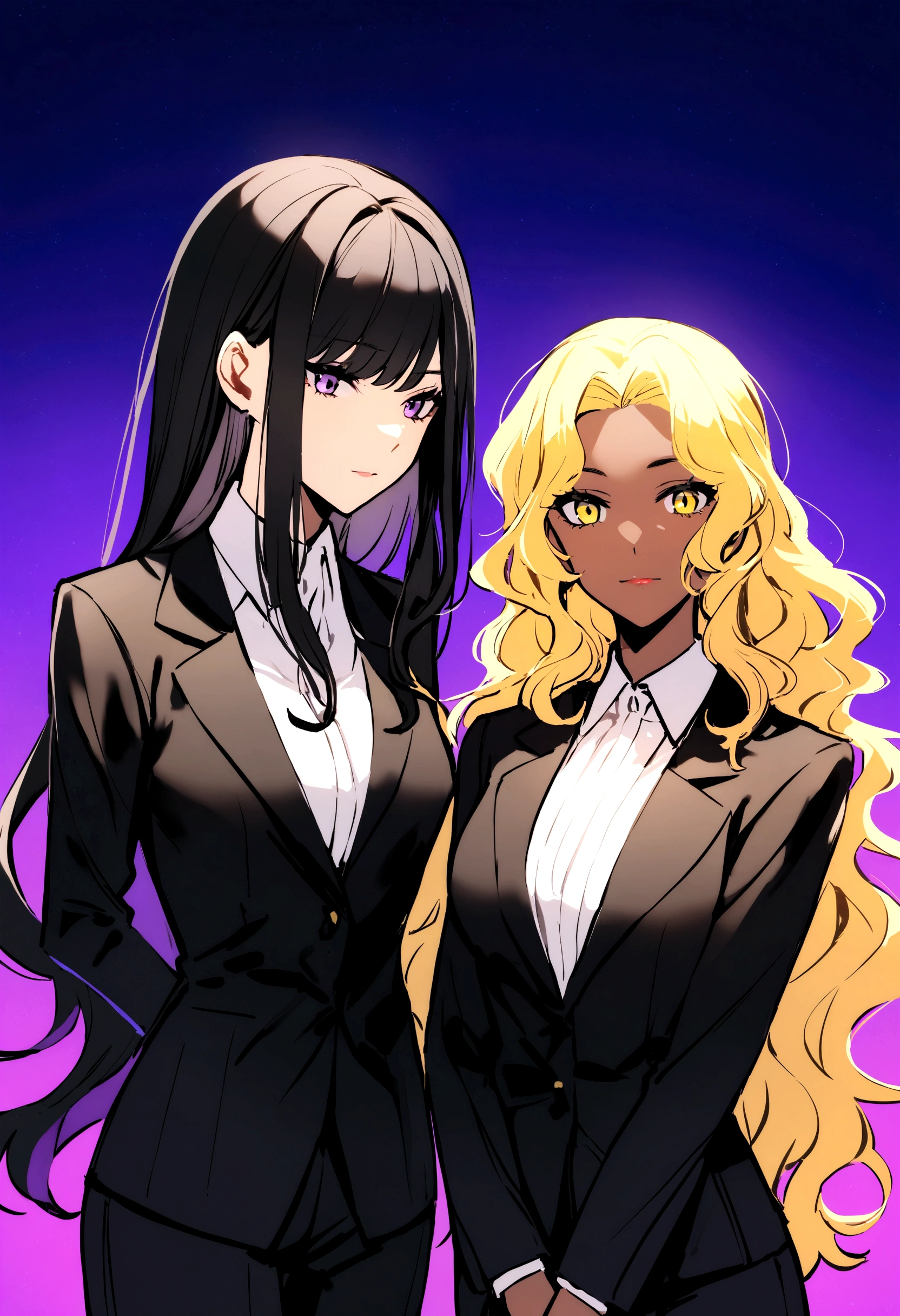 Two women next to each other, a blonde with long, wavy hair, another with light skin and long, straight black hair, both in formal businesswoman clothes 