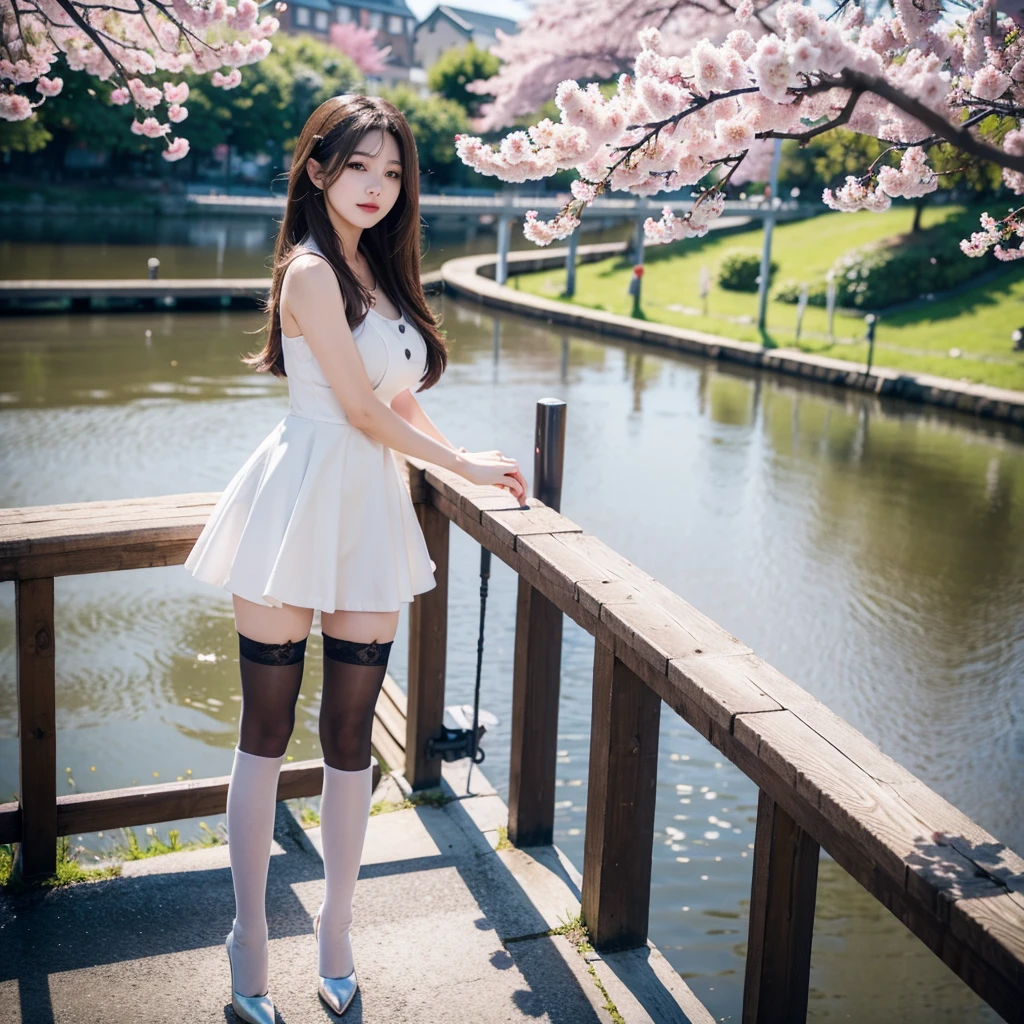 Cute girl on a bridge with a cherry tree for the background in spring, thigh highs, large breasts, cute, masterpiece, high quality, good lighting