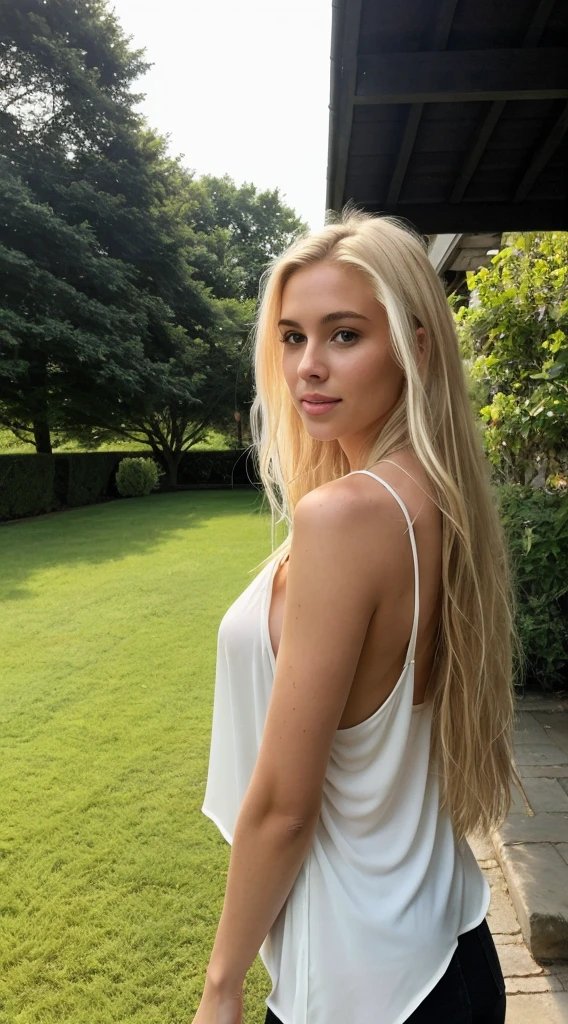 A 23 year old blonde woman, ((breasts big)), ((Hyper-Realism)) ,. blonde hair with light blonde roots. hair blonde, Hair with blonde roots , extra long hair. comely, from front view, Selfie, Photo taken with iPhone, elegant black shirt with neckline, low cut, Selfie no jardim, high qualiy, Selfie iPhone, neckleace, Full-body image
