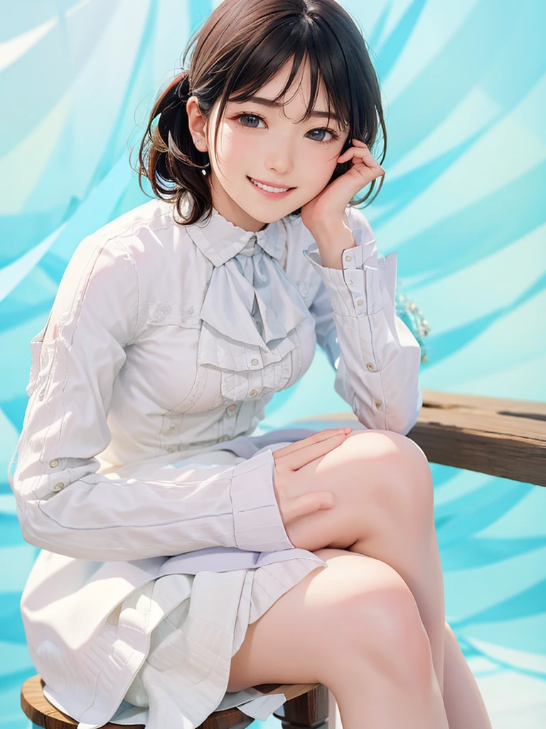 raw photo, 1girl, cute face, beautiful face, medium breast, collared blouse, White blouse, light smile, detailed skin, simple background, Above the knee, sit on a chair, Seductive pose, photorealistic, masterpiece, best quality, anatomically correct