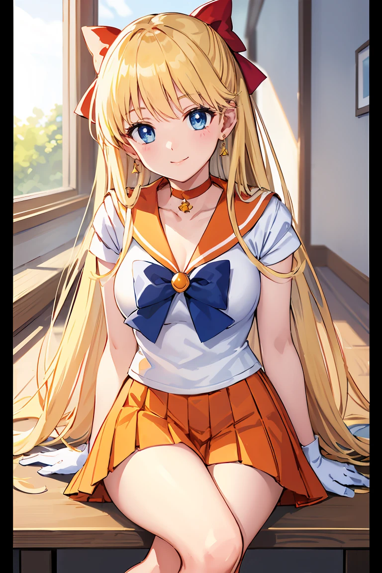 masterpiece, Highest quality, High resolution, Venus 1, One girl, alone, Sailor Warrior Uniforms, Sailor Venus, aino minako, Blonde, Magical girl, blue eyes, Orange Skirt, Elbow hand pockets, tiara, Pleated skirt, Hair Ribbon, Orange sailor collar, mini skirt, choker, Red Bow, orange choker, White gloves, Very long hair, jewelry, Earrings, Sitting, Crossing your legs,Background is a school hallway,smile