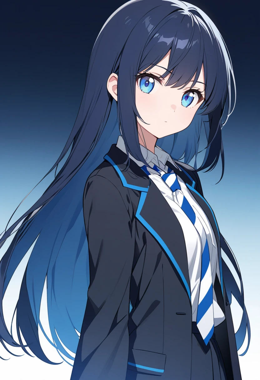 A young anime girl with long, straight, dark blue hair and light blue eyes. She is wearing a  consisting of a white shirt, a red and white striped tie, and a black blazer with blue trim. The background is a simple, light blue gradient.