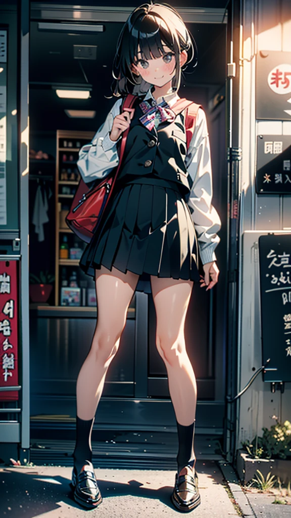 (8K, RAW Photos, 最high quality, masterpiece:1.2), high qualityのRAWカラー写真, Professional photo shoot, Cinematic Light, alone, (((young woman, Gal))), (Sharp features), (Small face), (Skin with attention to detail:1.2), clavicle, Cute face, Beautiful appearance, Long eyelashes,Girl Turning Around, smile, (Black Hair, Long straight line),  High School Uniform, loafers,Knit grey vest、 Backpack,  Night Park, Confident attitude, Capture the happy moment, Artistic painting,Attractive thighs, (A very fine touch:1.2),はにかんだsmile), Peaceful atmosphere, Oil painting style, Bright colors, (Are standing:1.5, Inside a convenience store, Full body portrait), Smooth texture, Gazing Eyes, Beautiful Skin, Shiny skin, ((Perfect Fingers, Five Fingers, Anatomically correct)), Background Blur, high quality, Surreal, ((Very detailed, photo shoot)),A large number of people、blush、plump、Black Hair、Tie-up hair、ponytail、mini skirt、heavy rain、、((チェック柄のmini skirt))、Checkered pleated skirt